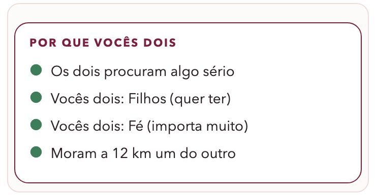 Tela do app mostrando por que vocês dois combinam: ambos procuram algo sério, filhos, fé e distância