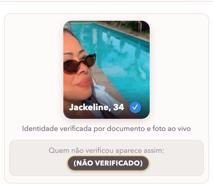 Tela do app: perfil com selo azul de identidade verificada; quem não verificou aparece marcado como Não Verificado